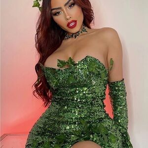 Halloween Costume: Poison Ivy(Green Sequin Dress with Leaf Details)